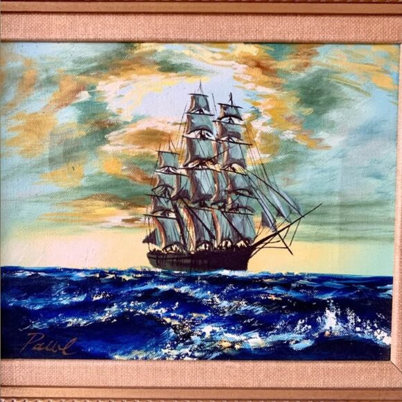 Vintage “On the High Seas” original painting in ornate gold frame 🌊 - Picture 2 of 5